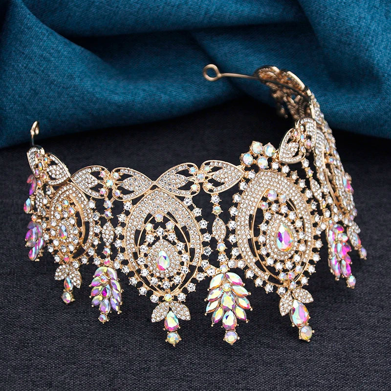 AB Crystal Pageant Miss Bridal Crown Vintage Baroque Rhinestone Big