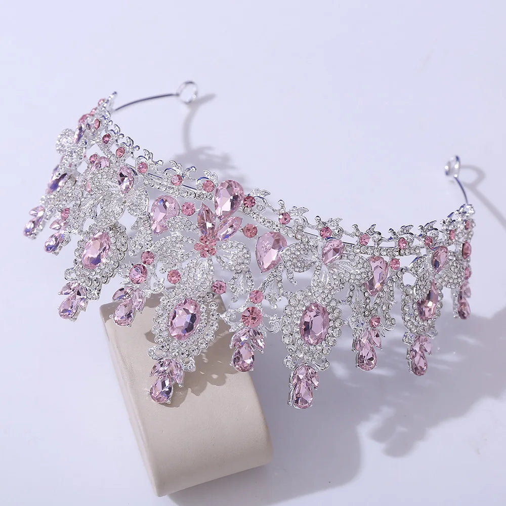 Silver Color Pink Opal Royal Queen Wedding Crown Rhinestone Crystal