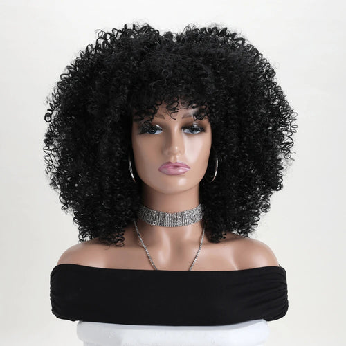 16 Inch Afro Kinky Curly Hair Wigs With Bangs Soft Fluffy Synthetic