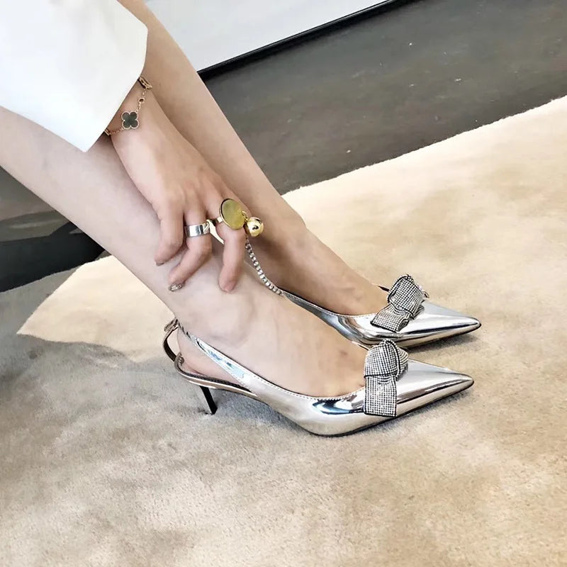 High Heels Silver Rhinestone Pointed Toe Women's Pumps Shoes Back