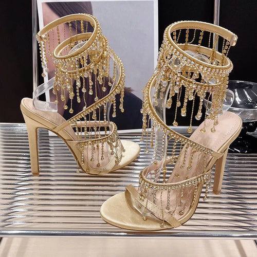 Eilyken Golden Crystal Rhinestone Women's Sandals Fashion String Bead