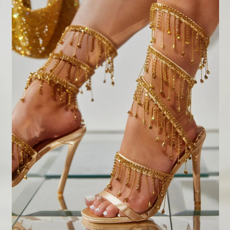 Eilyken Golden Crystal Rhinestone Women's Sandals Fashion String Bead