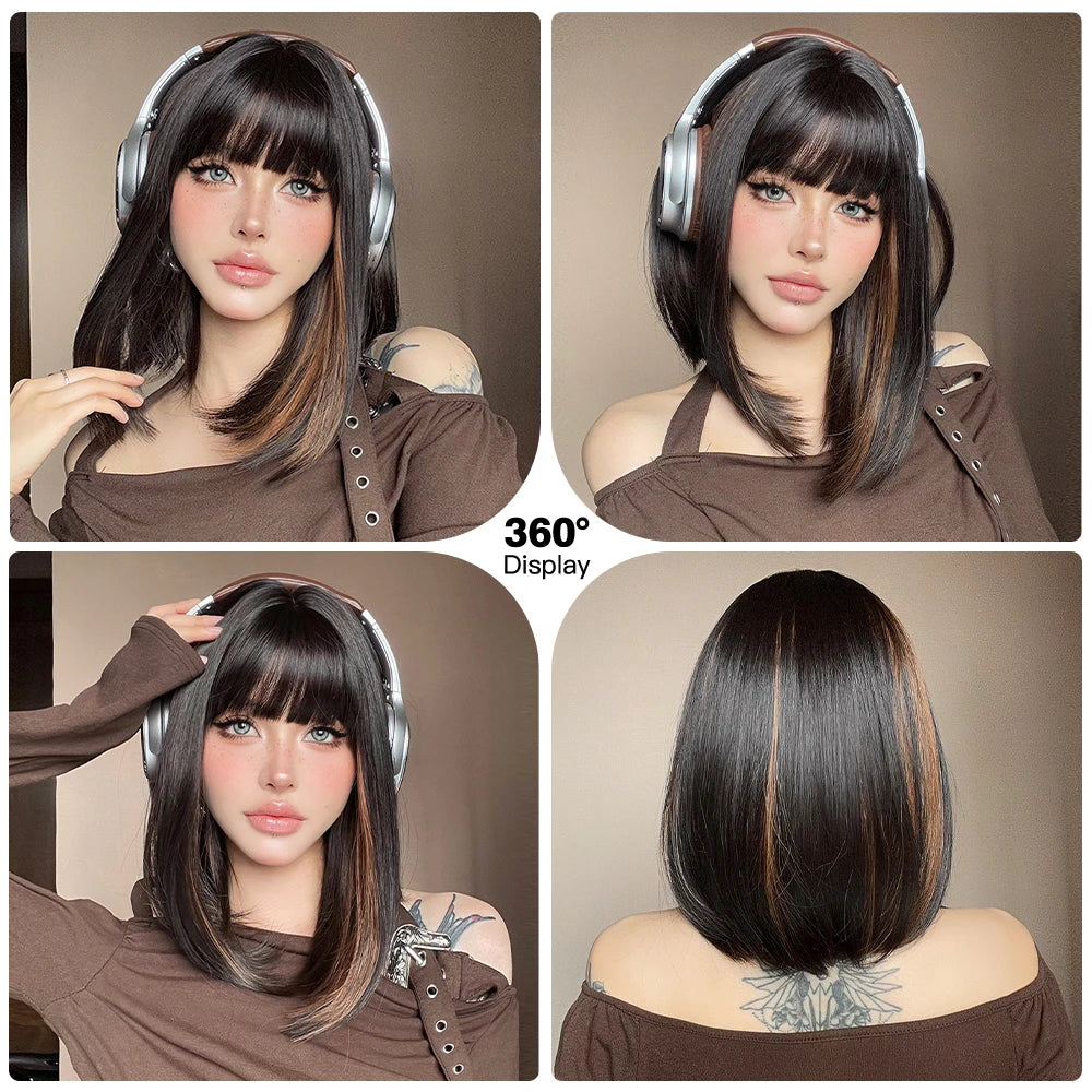 Short Straight Bob Wigs with Bangs Black Brwon Highlight Wig Daily