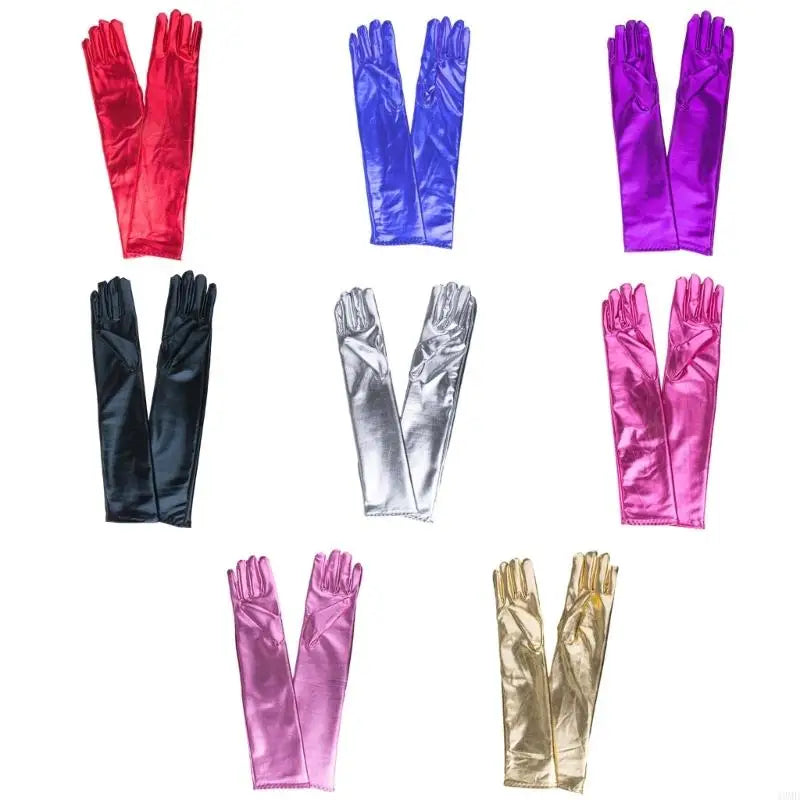 49MD Women Faux Leather Metallic Gloves Wetlook 17inch Elbow Length