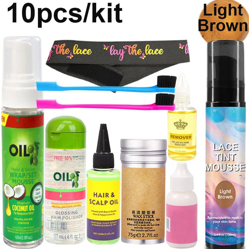 10Pcs Wig Wear Kit For Lace Front Wigs, Hair Mousse Lace Tint Spray