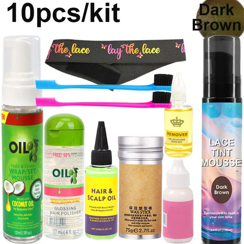 10Pcs Wig Wear Kit For Lace Front Wigs, Hair Mousse Lace Tint Spray