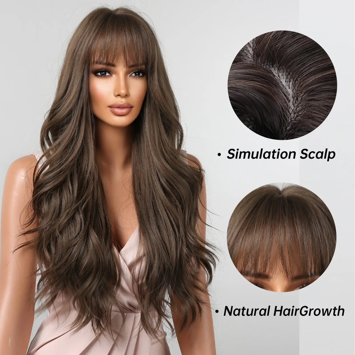 Brown Wavy Wigs for Women with Bangs Long Natural Synthetic Hair Wig