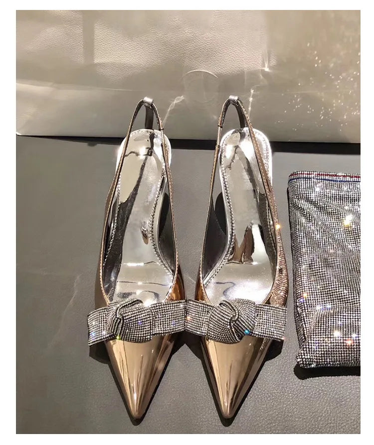 High Heels Silver Rhinestone Pointed Toe Women's Pumps Shoes Back
