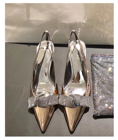 High Heels Silver Rhinestone Pointed Toe Women's Pumps Shoes Back
