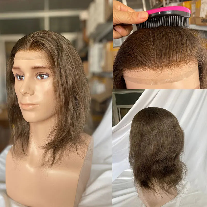 12" Long Toupee For Men 100% Virgin Human Hair Replacement System for Men 10"x8" Base Size Swiss Lace Front With PU Toupee Hair