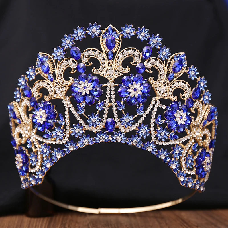 Baroque Round Blue Bridal Crown Pageant Miss Tiaras Flower Headdress