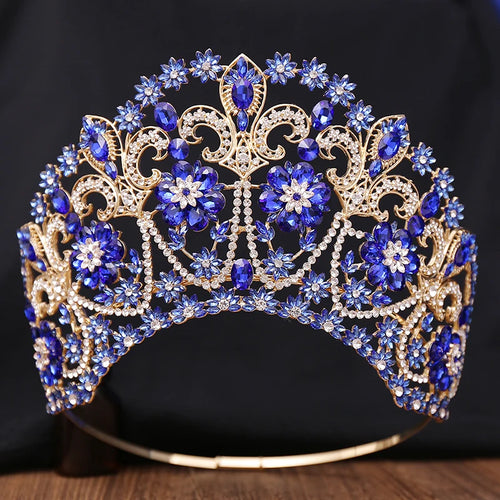 Baroque Round Blue Bridal Crown Pageant Miss Tiaras Flower Headdress