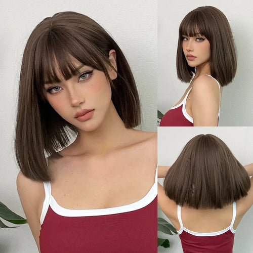 Short Straight Bob Wigs with Bangs Black Brwon Highlight Wig Daily