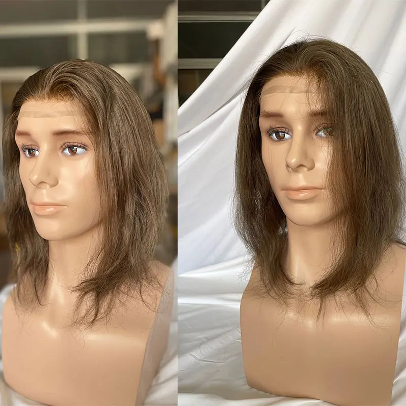 12" Long Toupee For Men 100% Virgin Human Hair Replacement System for Men 10"x8" Base Size Swiss Lace Front With PU Toupee Hair