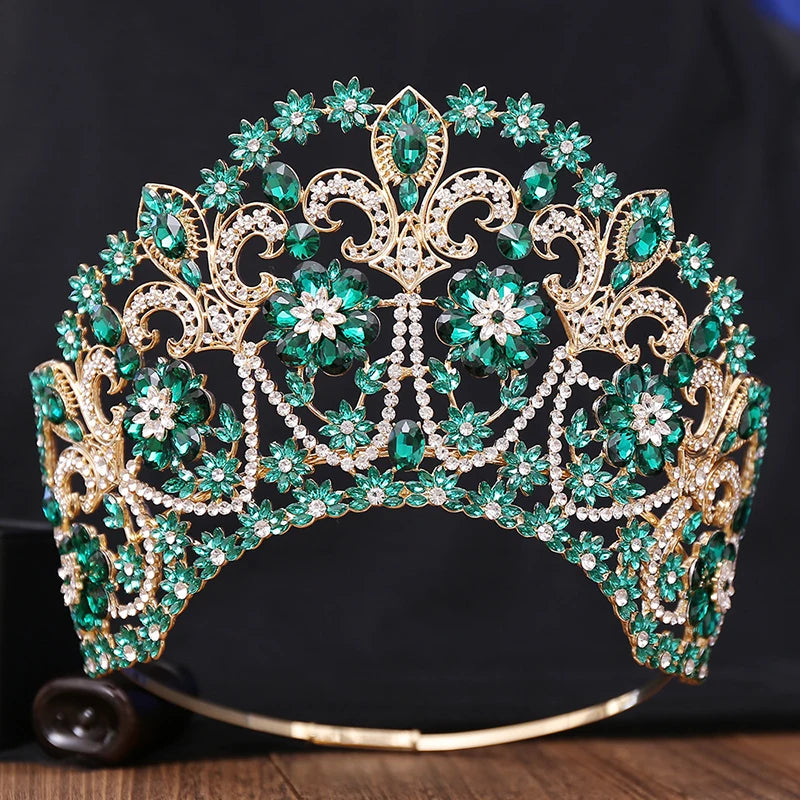 Baroque Round Blue Bridal Crown Pageant Miss Tiaras Flower Headdress