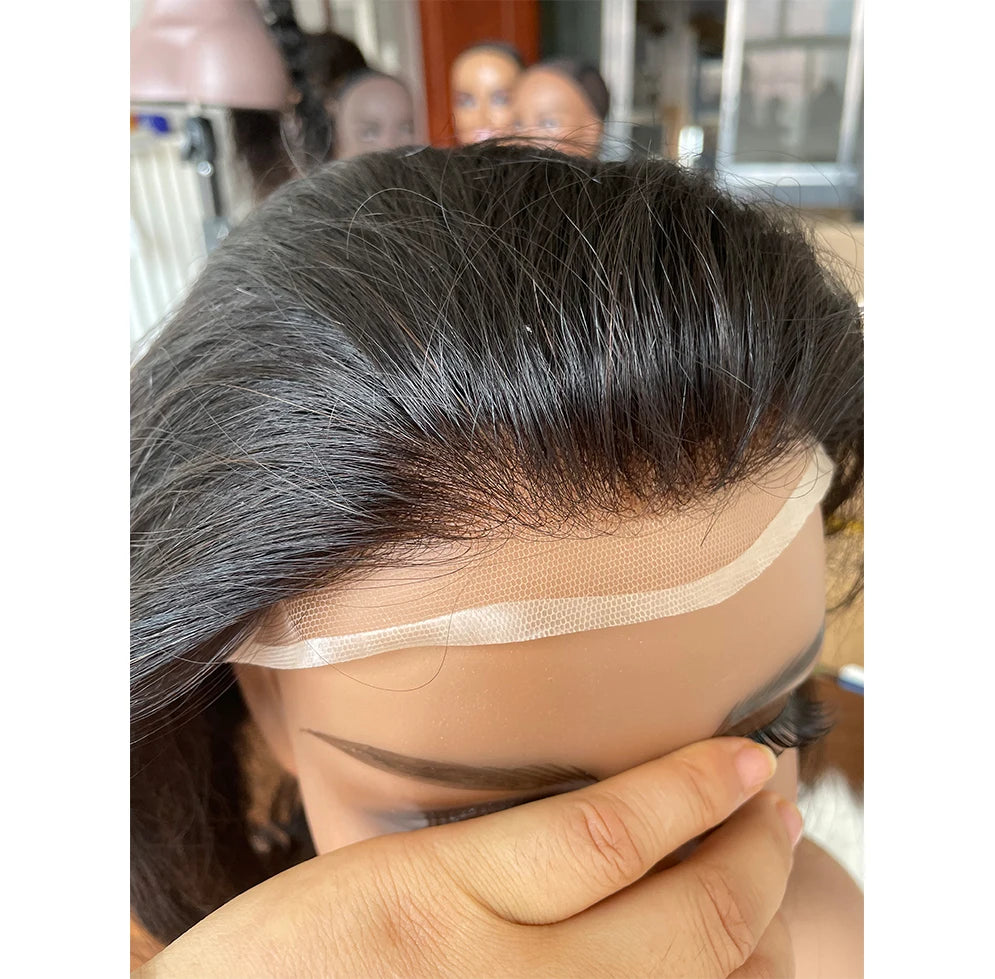 12" Long Toupee For Men 100% Virgin Human Hair Replacement System for Men 10"x8" Base Size Swiss Lace Front With PU Toupee Hair