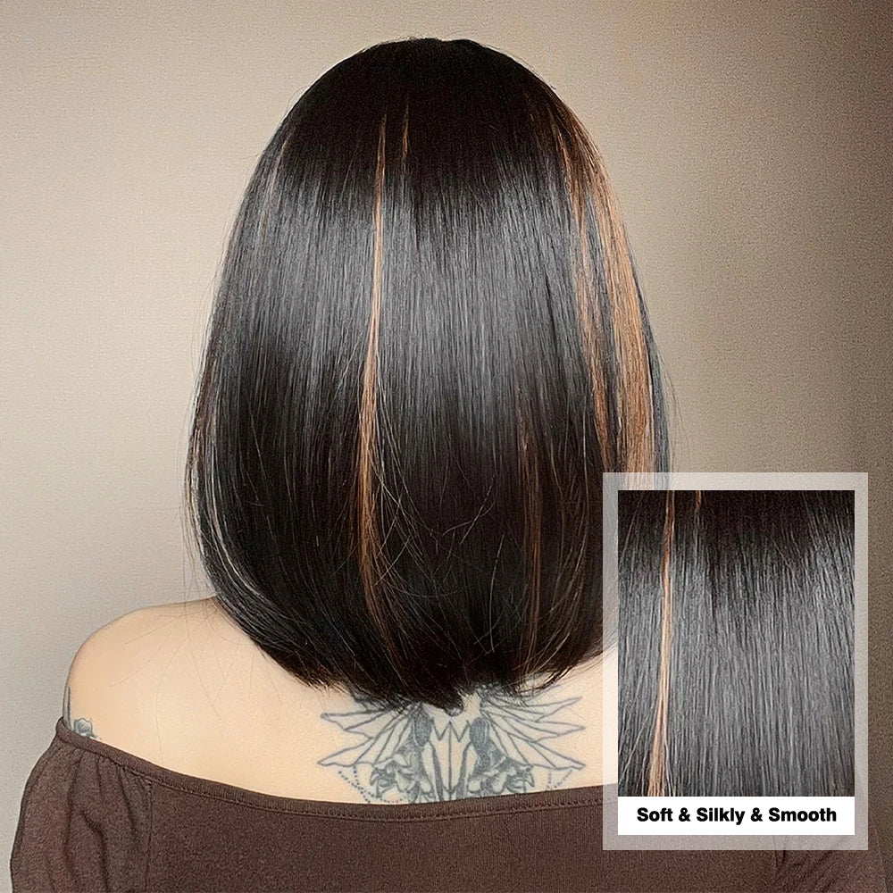 Short Straight Bob Wigs with Bangs Black Brwon Highlight Wig Daily