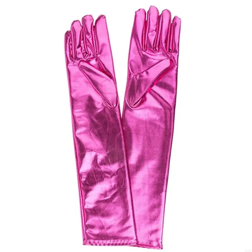 49MD Women Faux Leather Metallic Gloves Wetlook 17inch Elbow Length