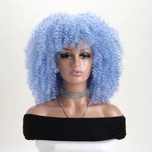 16 Inch Afro Kinky Curly Hair Wigs With Bangs Soft Fluffy Synthetic