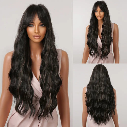Brown Wavy Wigs for Women with Bangs Long Natural Synthetic Hair Wig
