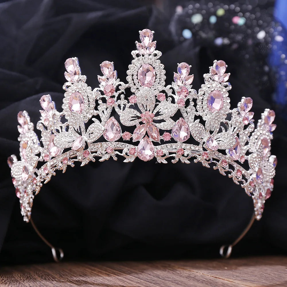 KMVEXO Luxury Pink Opal Royal Queen Wedding Crown Rhinestone Crystal