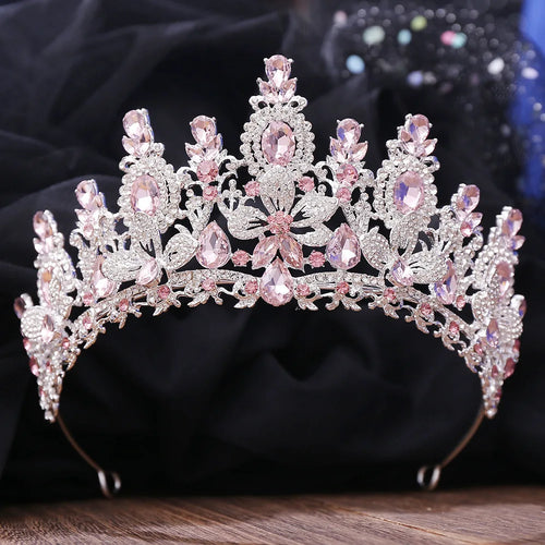 KMVEXO Luxury Pink Opal Royal Queen Wedding Crown Rhinestone Crystal
