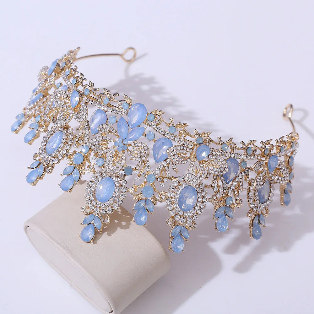 Silver Color Pink Opal Royal Queen Wedding Crown Rhinestone Crystal