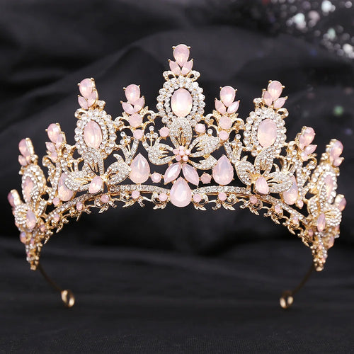 KMVEXO Luxury Pink Opal Royal Queen Wedding Crown Rhinestone Crystal