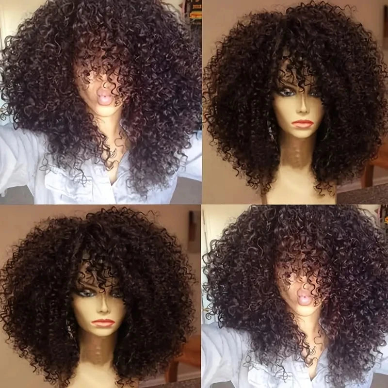16 Inch Afro Kinky Curly Hair Wigs With Bangs Soft Fluffy Synthetic