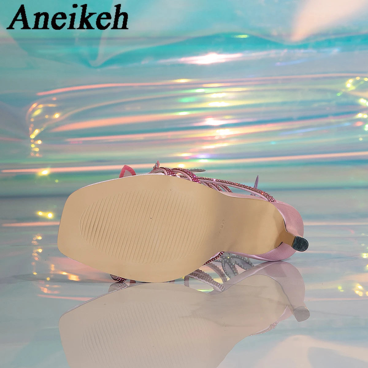 Aneikeh 2025 Elegant pink Ankle Snake Open Toed Rhinestone Sparkling