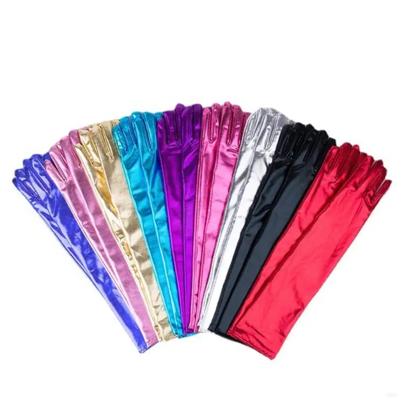 49MD Women Faux Leather Metallic Gloves Wetlook 17inch Elbow Length