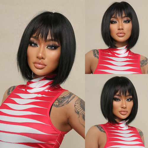 Short Straight Bob Wigs with Bangs Black Brwon Highlight Wig Daily