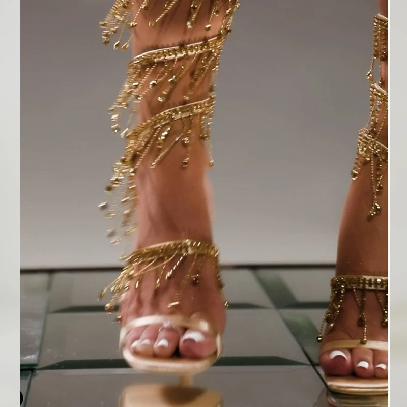 Eilyken Golden Crystal Rhinestone Women's Sandals Fashion String Bead