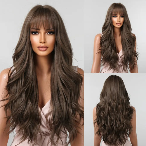 Brown Wavy Wigs for Women with Bangs Long Natural Synthetic Hair Wig