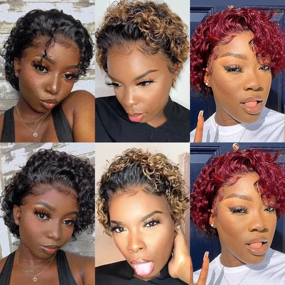 Pixie Cut Wig 99J Color Lace Wig Spring curl Short Bob Human Hair Wig