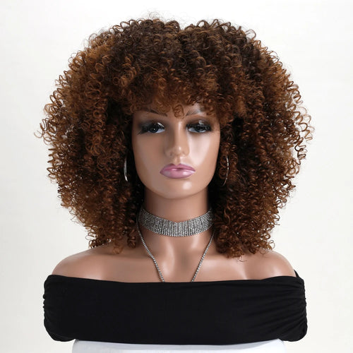 16 Inch Afro Kinky Curly Hair Wigs With Bangs Soft Fluffy Synthetic