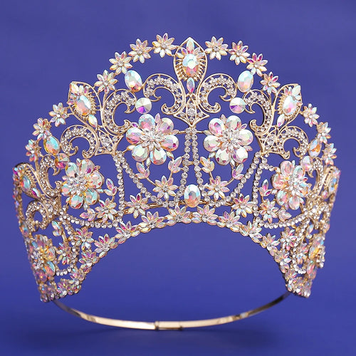 Baroque Round Blue Bridal Crown Pageant Miss Tiaras Flower Headdress