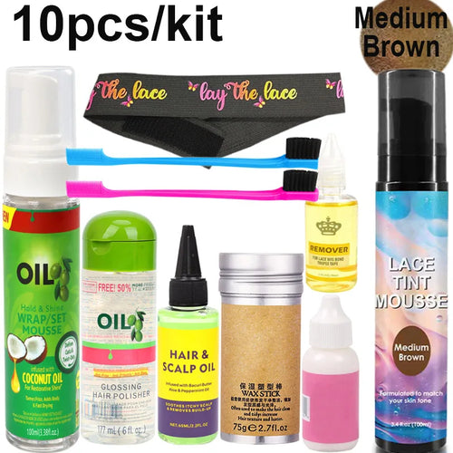 10Pcs Wig Wear Kit For Lace Front Wigs, Hair Mousse Lace Tint Spray