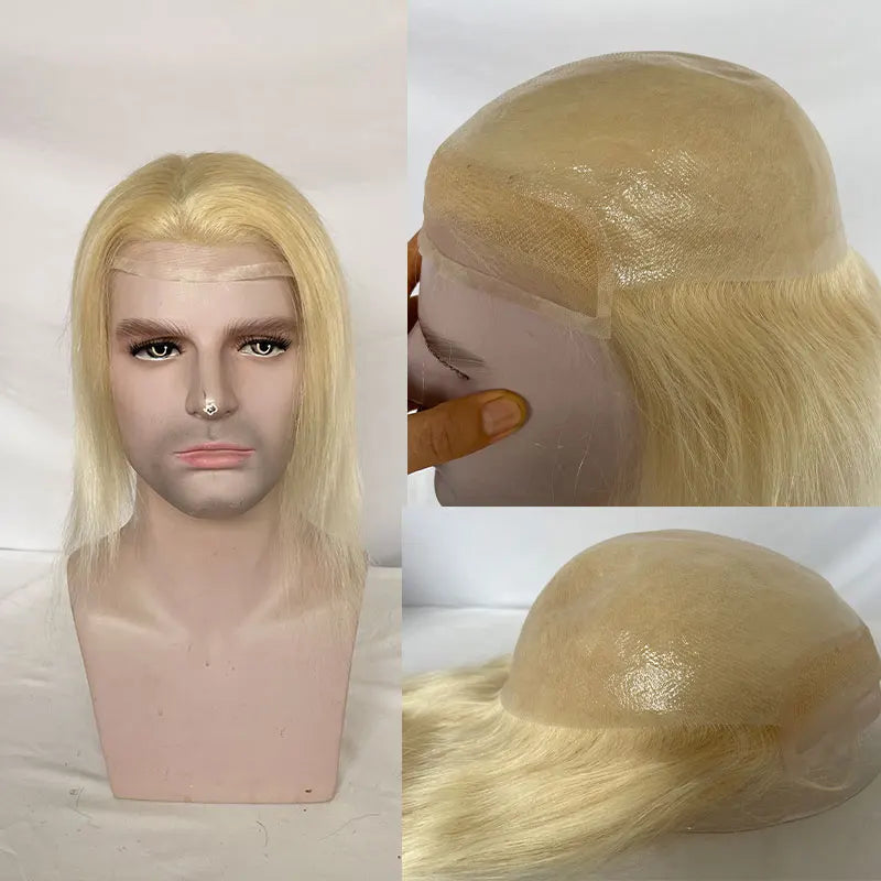 12" Long Toupee For Men 100% Virgin Human Hair Replacement System for Men 10"x8" Base Size Swiss Lace Front With PU Toupee Hair