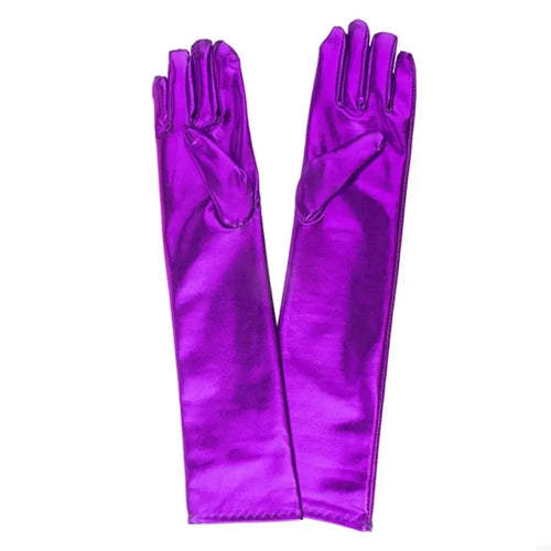 49MD Women Faux Leather Metallic Gloves Wetlook 17inch Elbow Length