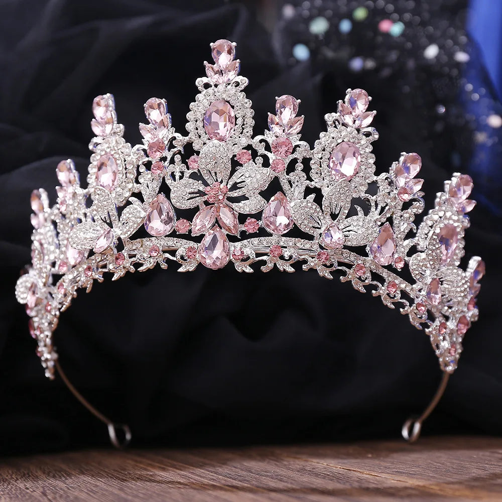 Silver Color Pink Opal Royal Queen Wedding Crown Rhinestone Crystal