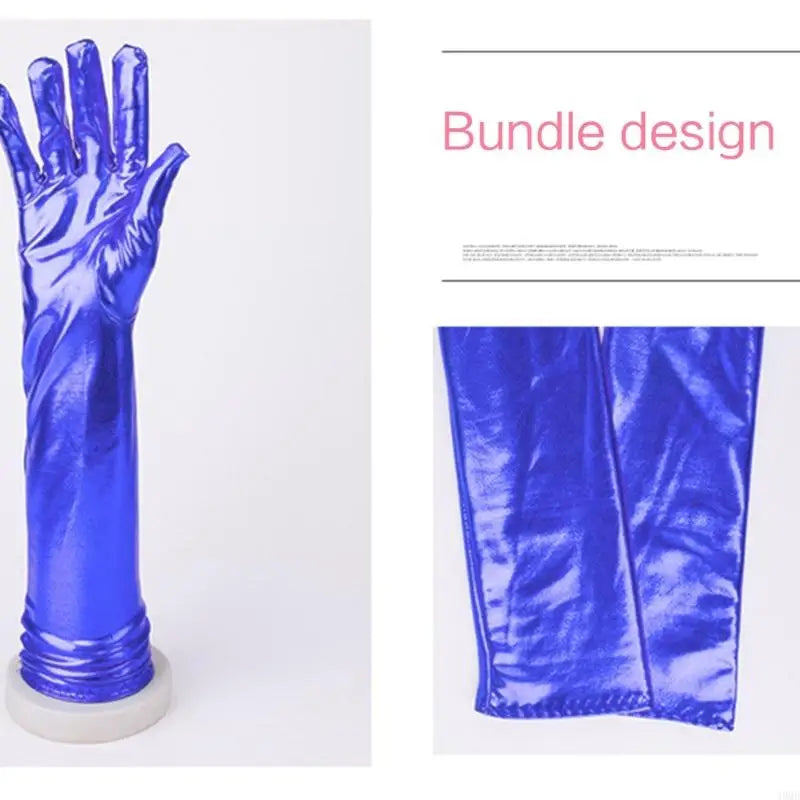 49MD Women Faux Leather Metallic Gloves Wetlook 17inch Elbow Length
