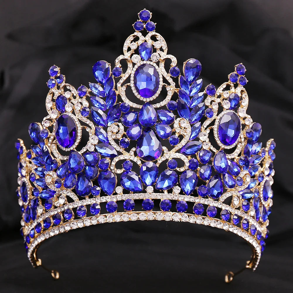 KMVEXO Statement Big Forest Blue Crystal Rhinestone Crown Wedding