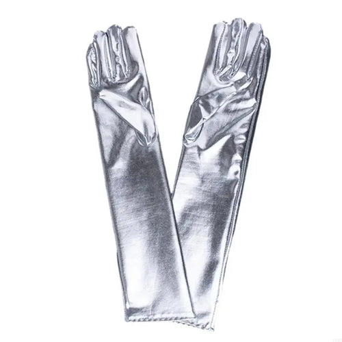 49MD Women Faux Leather Metallic Gloves Wetlook 17inch Elbow Length