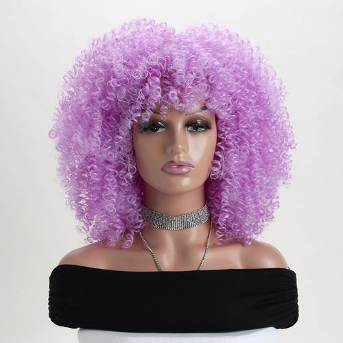 16 Inch Afro Kinky Curly Hair Wigs With Bangs Soft Fluffy Synthetic