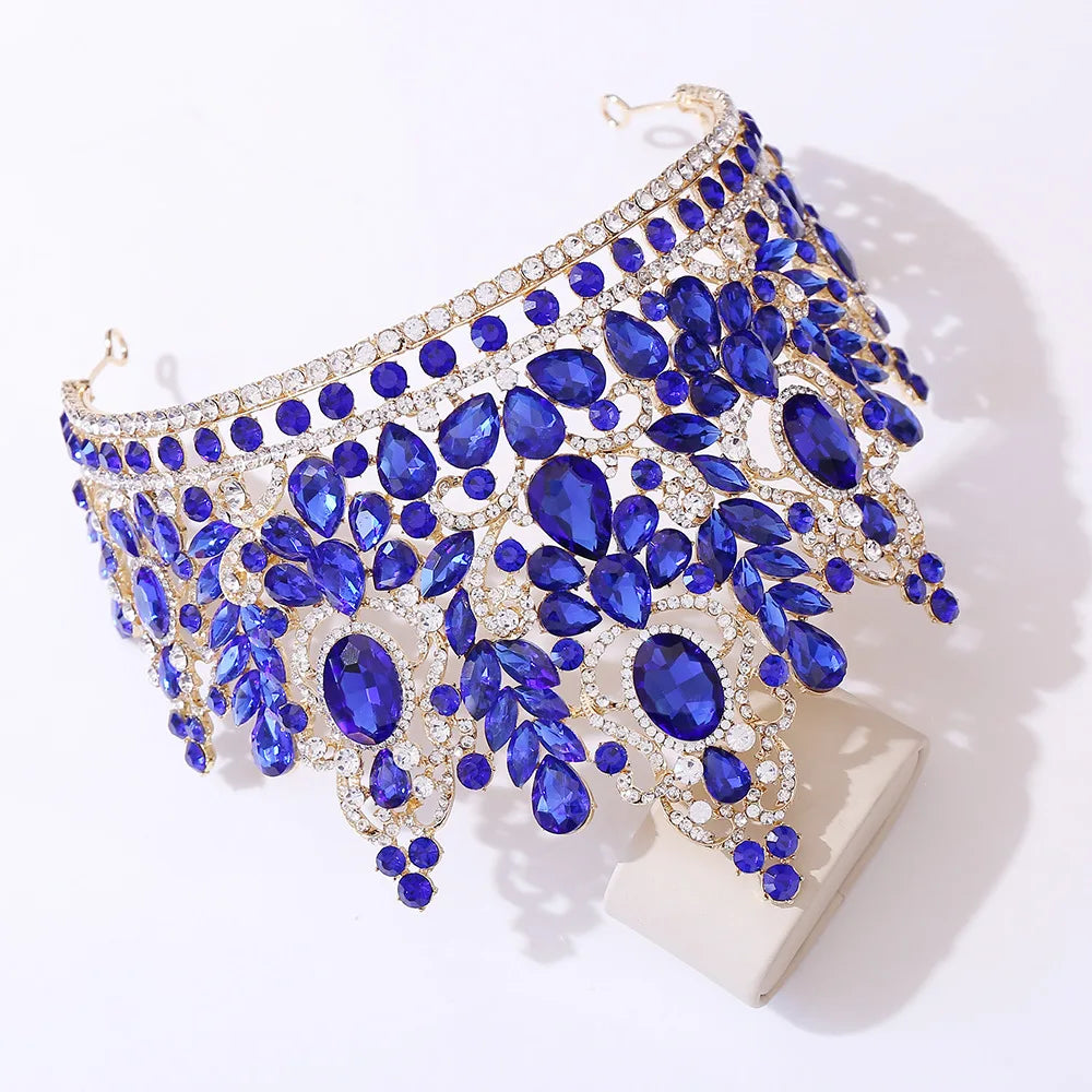 KMVEXO Statement Big Forest Blue Crystal Rhinestone Crown Wedding