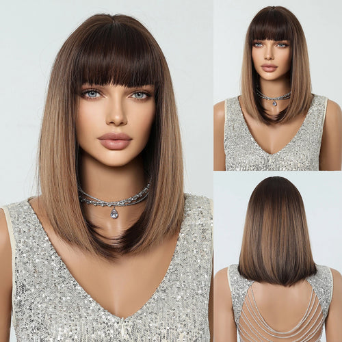 Short Straight Bob Wigs with Bangs Black Brwon Highlight Wig Daily