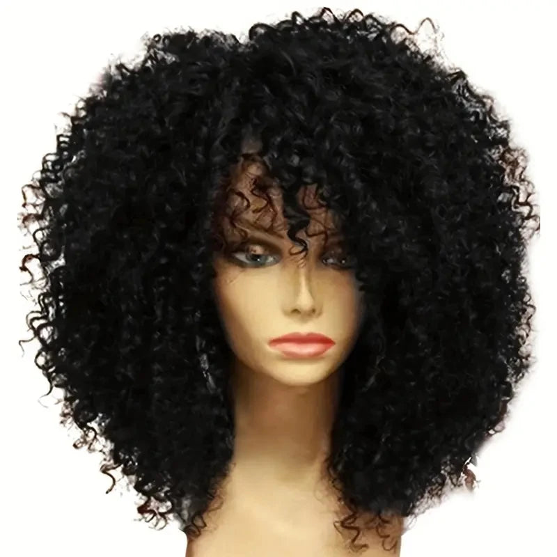 16 Inch Afro Kinky Curly Hair Wigs With Bangs Soft Fluffy Synthetic