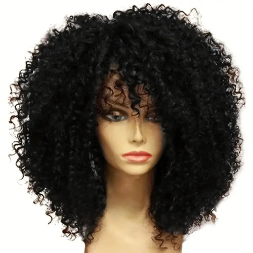 16 Inch Afro Kinky Curly Hair Wigs With Bangs Soft Fluffy Synthetic