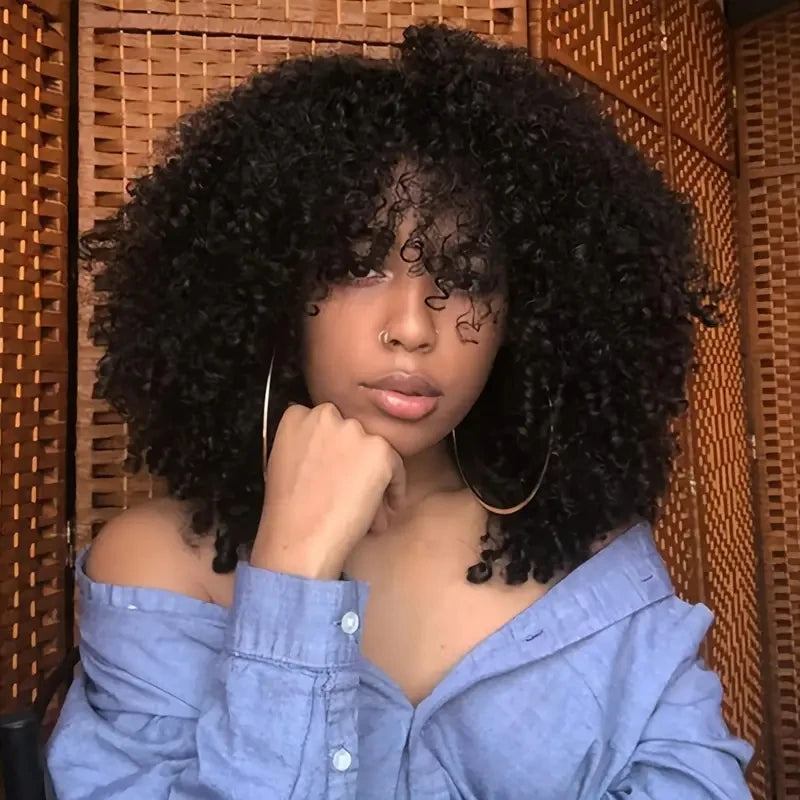 16 Inch Afro Kinky Curly Hair Wigs With Bangs Soft Fluffy Synthetic